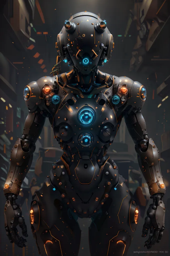 The image is a dark and detailed rendering of a robot. The robot is mostly black with blue and orange highlights. It has a feminine figure and is wearing a helmet with a single blue eye. The robot's body is covered in intricate details and it has a glowing blue orb in the center of its chest. The background is a dark and grungy factory setting with sparks flying in the air.