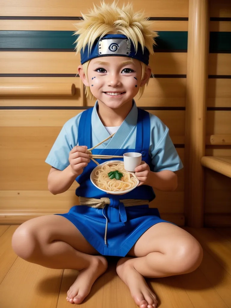 The image shows a young boy sitting on the floor with his legs crossed. He is wearing a blue outfit and a headband with a metal plate on it. The boy has blond hair and blue eyes, and he is smiling. He is holding a pair of chopsticks in his right hand and a bowl of noodles in his left hand. The background is a wooden wall with a sliding door.