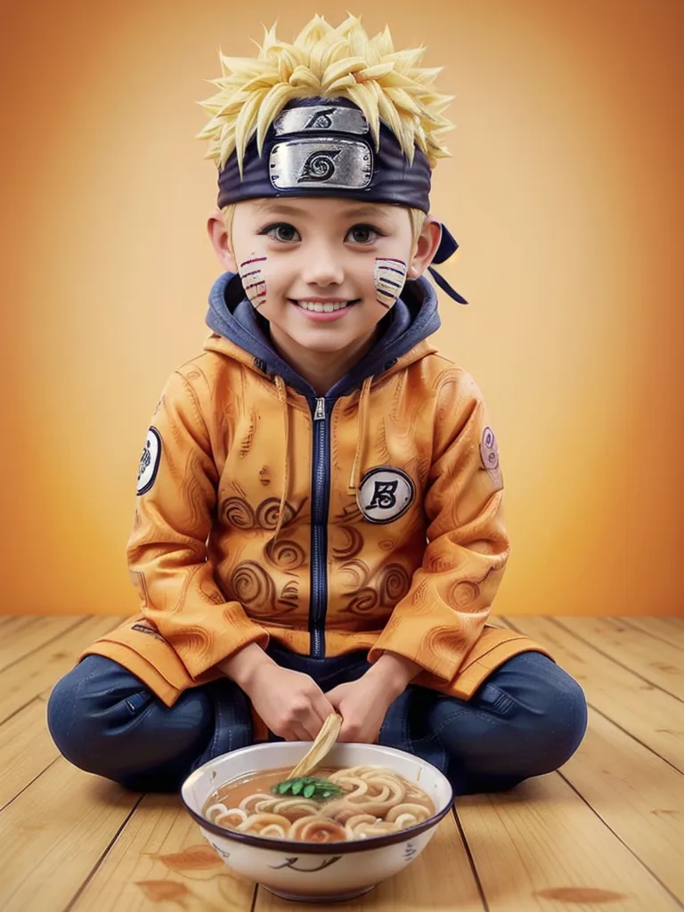 La imagen muestra a un niño pequeño vestido con un disfraz de Naruto. Está sentado en el suelo con un tazón de ramen frente a él. El niño tiene el cabello rubio y los ojos azules, y lleva una diadema con el símbolo de la Aldea Oculta de la Hoja. También lleva una chaqueta amarilla con el mismo símbolo en la espalda. El niño está sonriendo y sostiene un par de palillos.