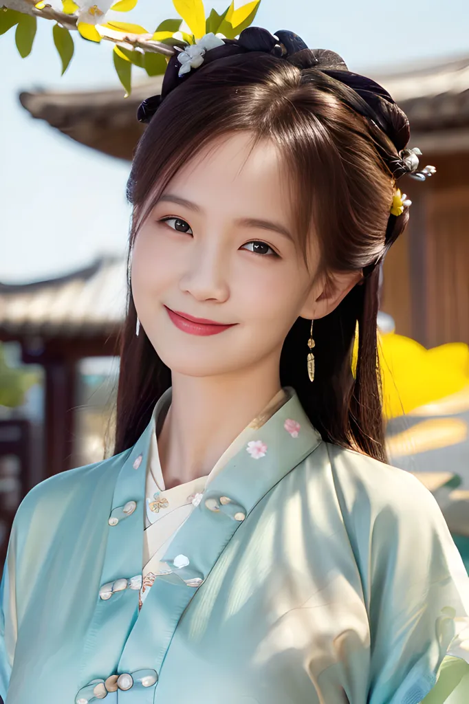 A young Chinese woman is pictured. She has long, dark hair that is styled in an elaborate updo. She is wearing a traditional Chinese dress that is pale blue with white and pink floral embroidery. The dress has a high collar and is fastened with frog closures. She is also wearing a number of hair accessories, including a hairpin, a flower, and a long ribbon. The woman has a serene expression on her face and is looking at the camera. The background of the image is a blurred out traditional Chinese courtyard with yellow flowering plants.