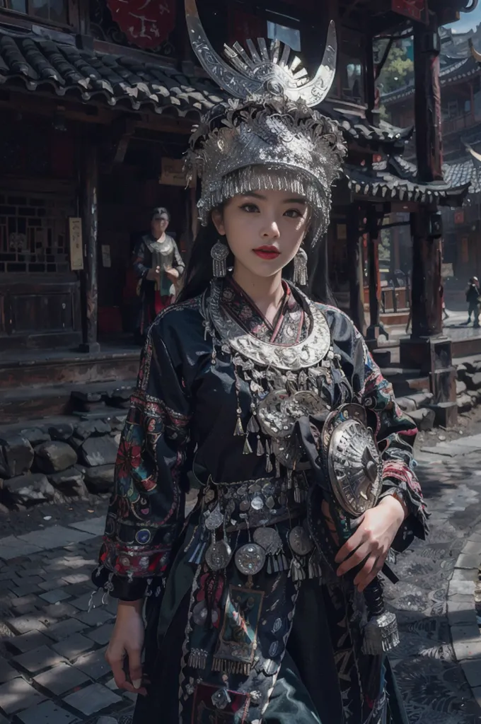 La imagen muestra a una mujer joven con ropa tradicional china. Lleva un vestido negro con bordados coloridos y un tocado de plata. También lleva mucha joyería, incluyendo collares, pendientes y pulseras. La mujer está de pie en un patio, y hay un edificio con un techo tradicional chino al fondo.