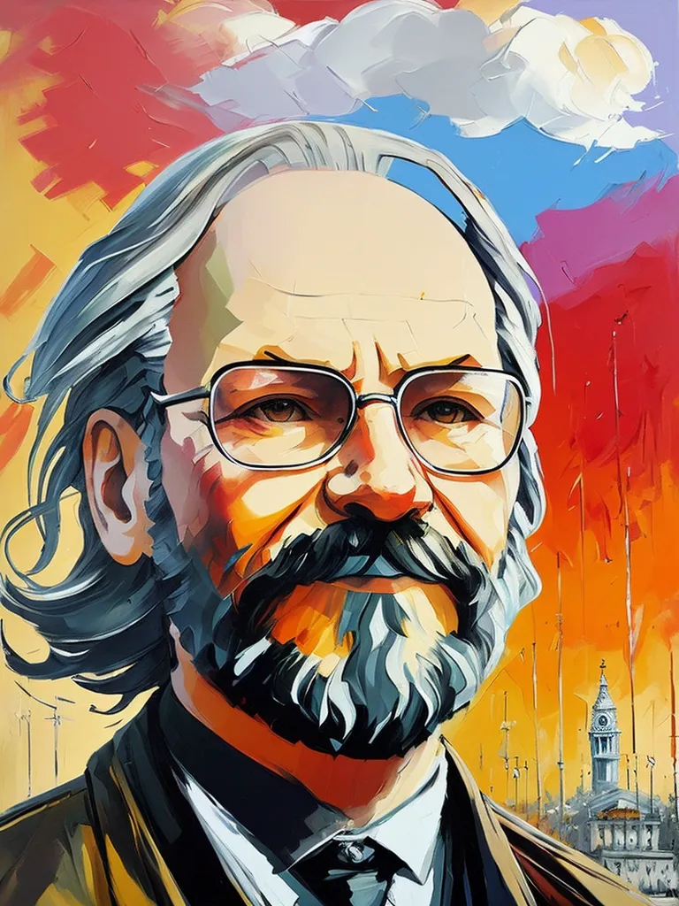 The image is a portrait of an older man with long white hair and a beard. He is wearing glasses and a suit. The background is a colorful abstract painting. The man's expression is serious and thoughtful.