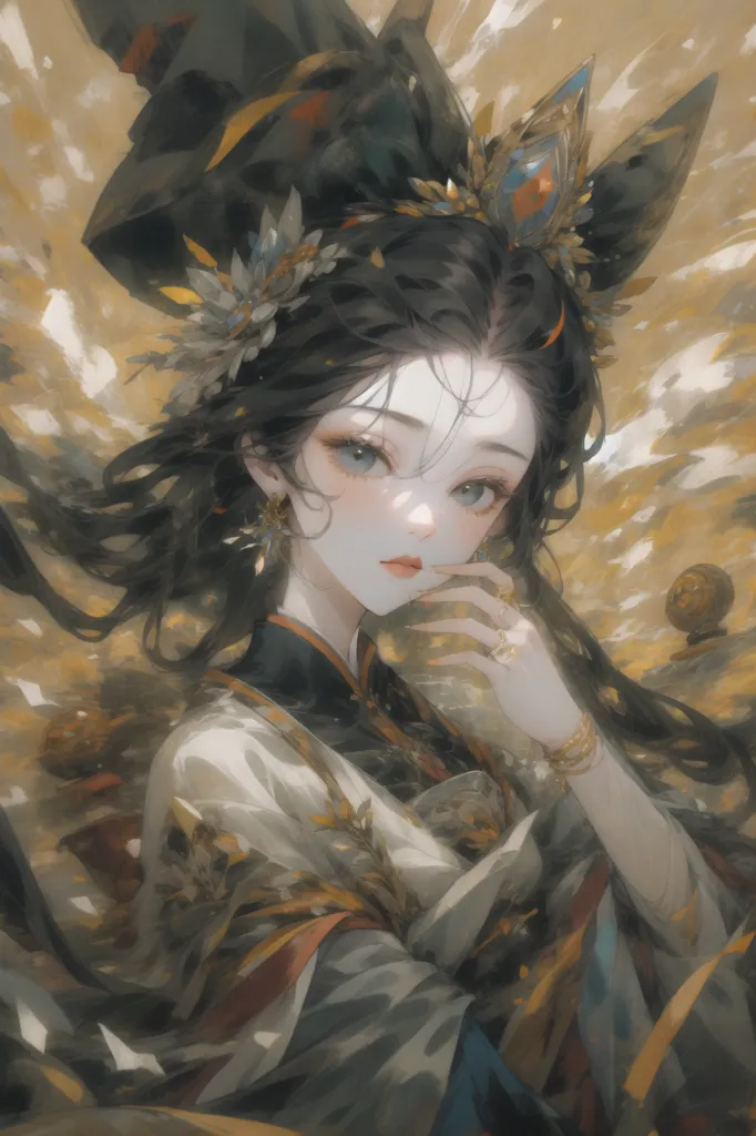 The image is a painting of a young woman with long black hair and blue eyes. She is wearing a traditional Chinese dress with a white and gold headdress. The background is a light gold color with a few white and yellow flowers. The woman is looking at the viewer with a slight smile on her face.