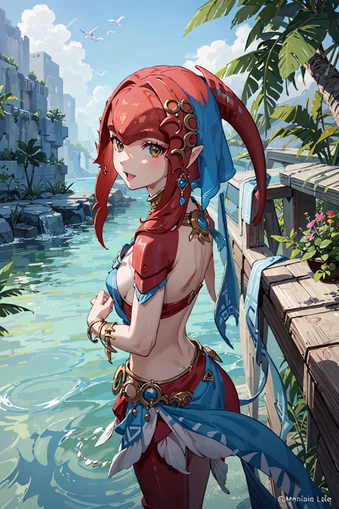 This image shows a young woman standing on a wooden dock near a body of water. She is wearing a red and blue outfit and has red hair and yellow eyes. There are ruins in the background and a tropical setting with palm trees.