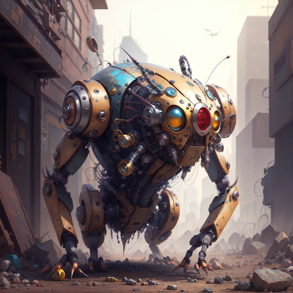 The image is a digital painting of a steampunk robot. The robot is in the foreground, with a large, round body and a small head. It has three legs, each with a large foot with sharp claws. The robot's body is covered in rivets, bolts, and other mechanical details. It has a large, glowing eye on each side of its head, and a smaller, red eye in the center. The robot is standing in a ruined city, with buildings and debris in the background. The sky is hazy and there are clouds in the distance.