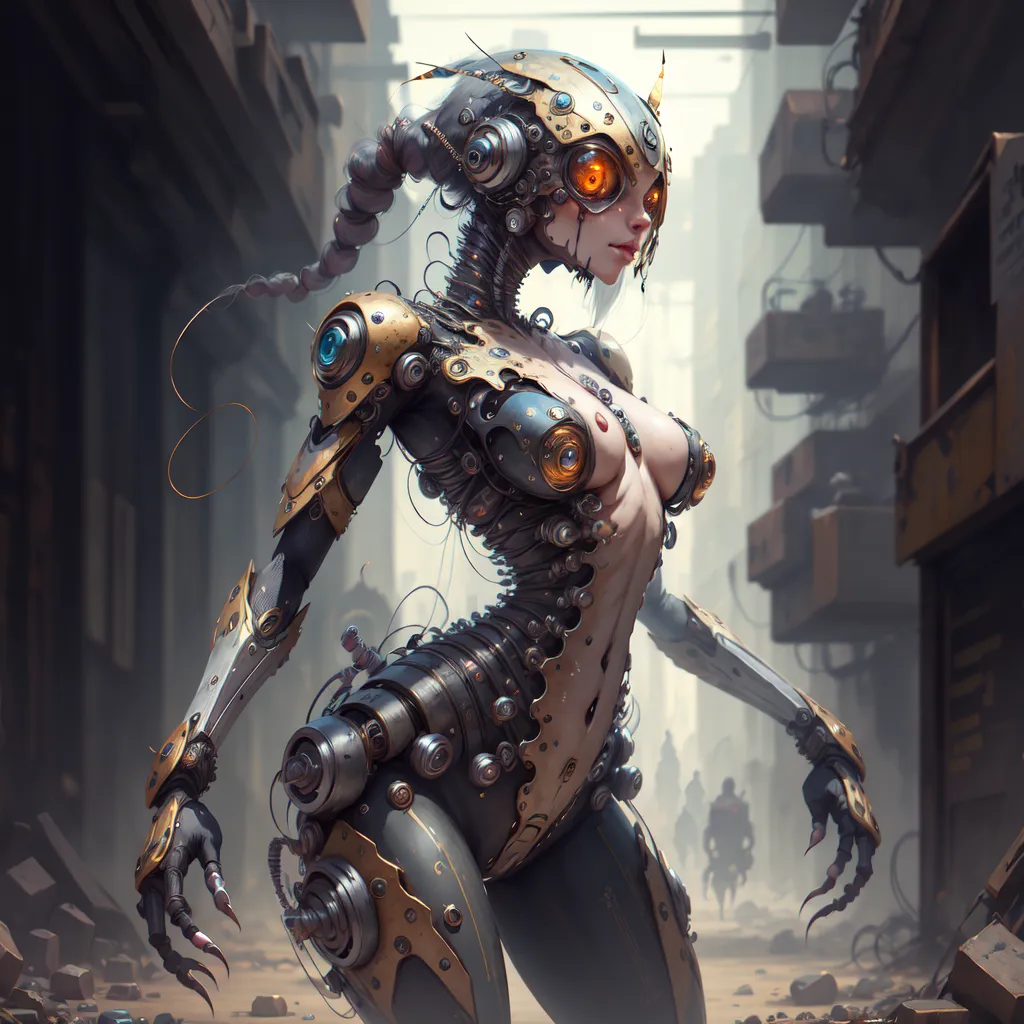 The image is of a female cyborg. She has a metallic body with wires and other mechanical parts visible. Her right eye is a glowing yellow color, and her left eye is a more natural brown color. She is wearing a black bodysuit, and her hair is styled in a ponytail. She is standing in a dark, dirty alleyway, and there are buildings in the background.