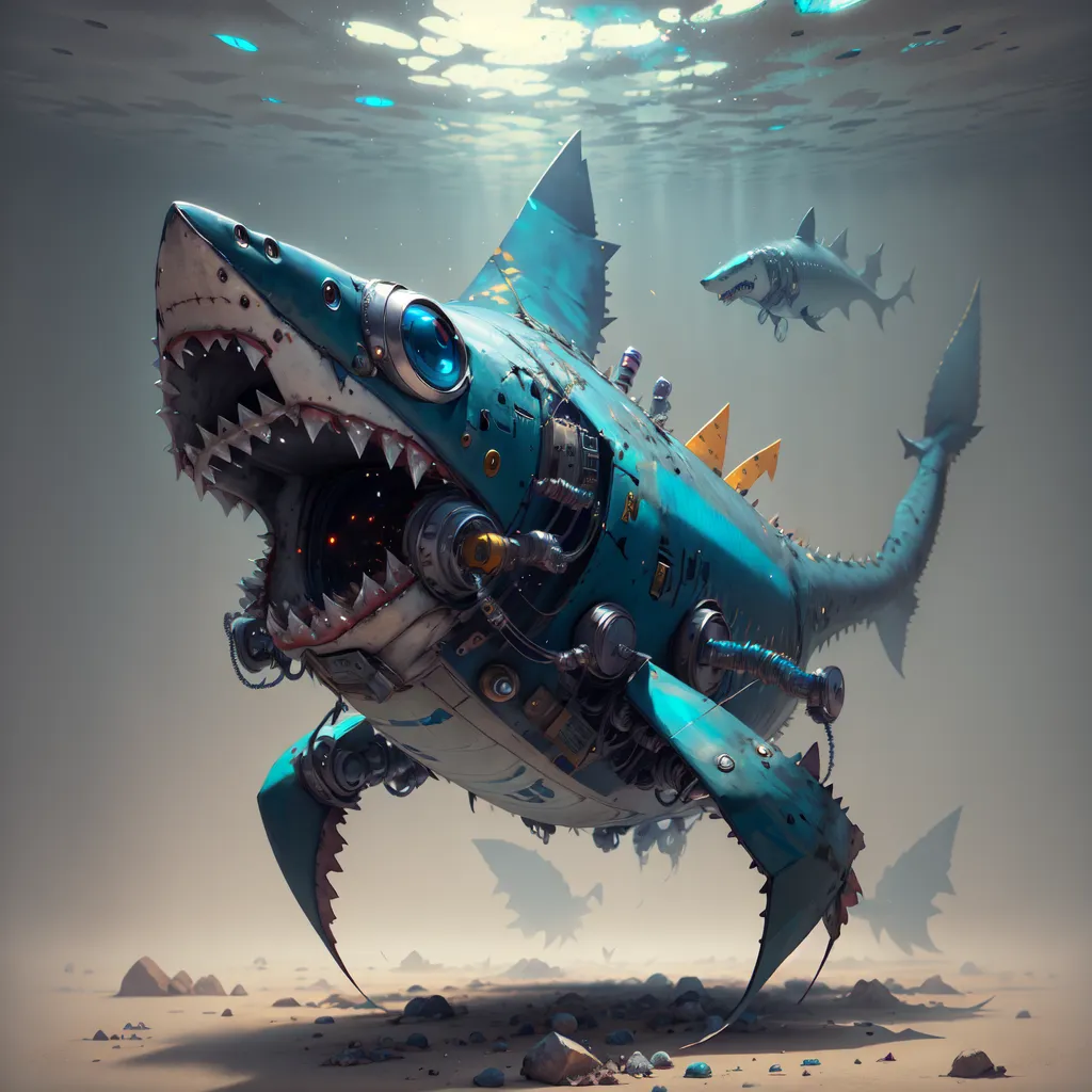 A steampunk shark with a robotic body is swimming in the ocean. It has a large, gaping mouth with sharp teeth. Its body is made of metal and has a blue and yellow color scheme. There are several smaller fish swimming around it. The shark is in the foreground and is facing the viewer. The background is a deep blue color.