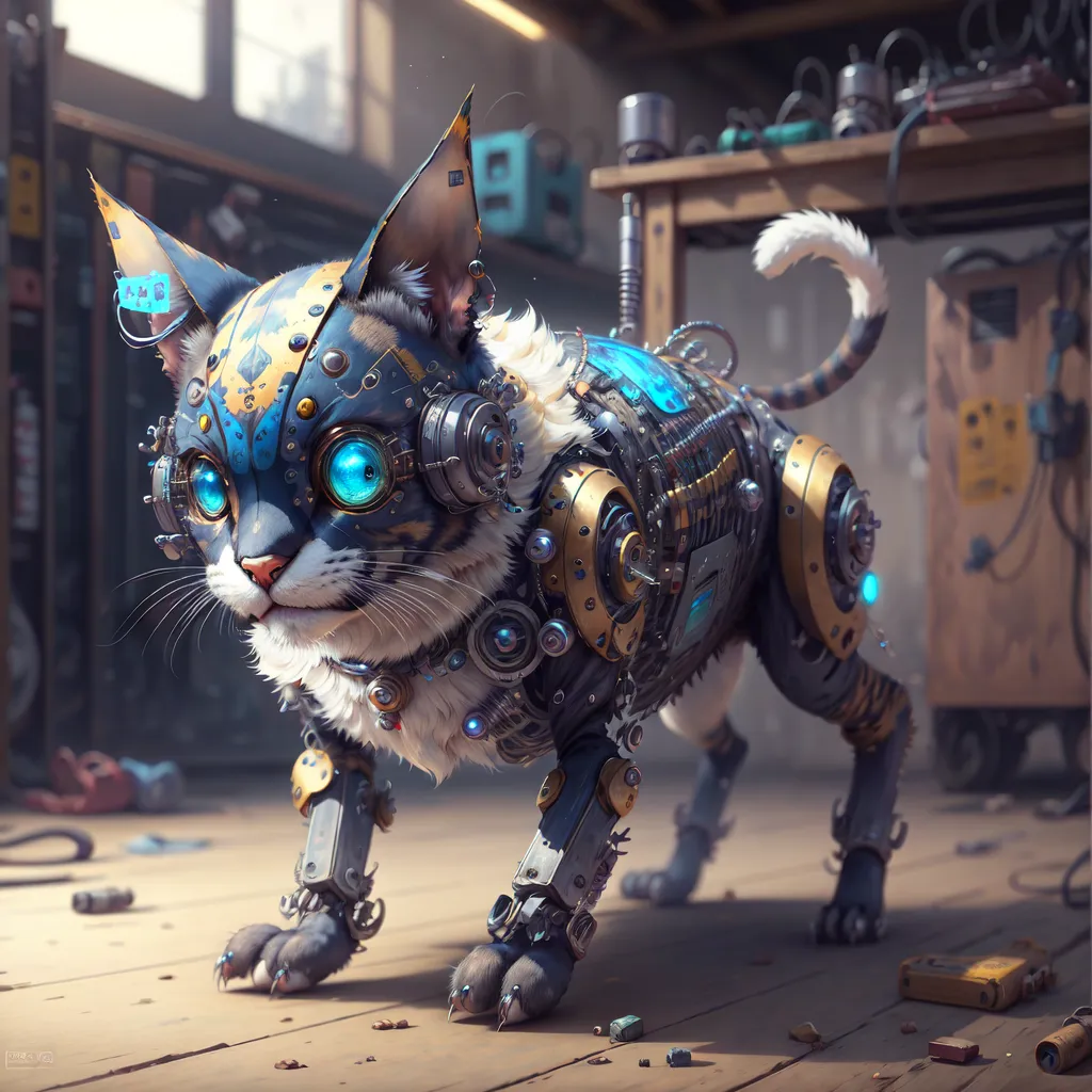 The image is a digital painting of a steampunk cat. The cat is in a workshop, surrounded by tools and machinery. The cat is made of metal and has glowing blue eyes. It is standing on four legs, with its tail curled up behind it. The cat is looking at the viewer with a curious expression. The image is full of detail and has a realistic style.