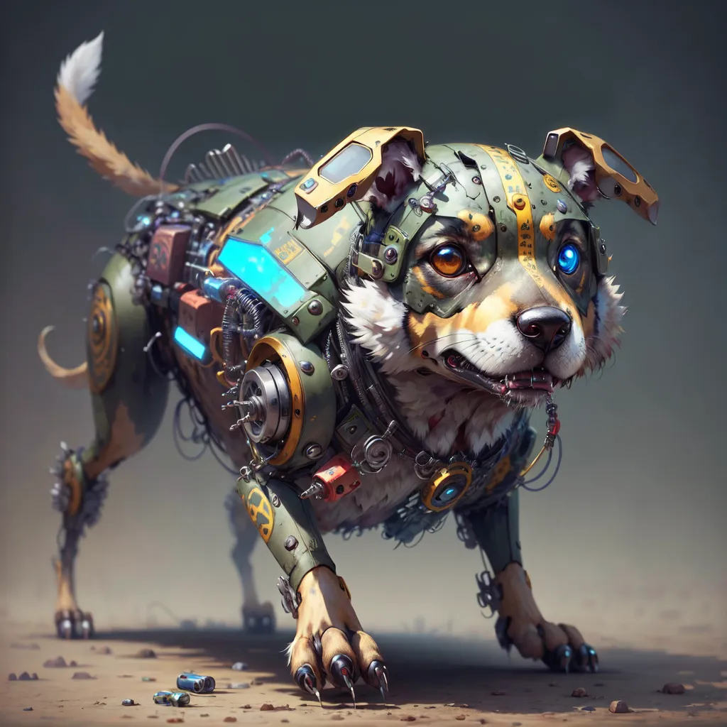 The image depicts a steampunk dog. It is a brown and white dog. It has a lot of gadgets and wires attached to its body. It looks like it is ready for battle. It has blue eyes and sharp teeth. It is standing on all four legs and its tail is wagging.