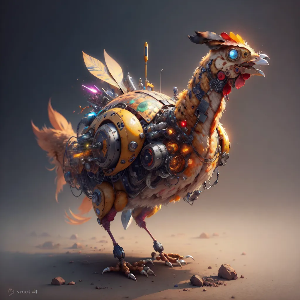 A imagem retrata um frango steampunk. É um frango mecânico com uma variedade de acessórios steampunk. Ele tem um corpo de metal com uma variedade de engrenagens e fios expostos. Ele tem uma grande esfera de metal em suas costas com uma variedade de luzes e fios saindo dela. Ele tem um bico de metal e uma crista de metal. Suas pernas são feitas de metal e ele tem grandes garras de metal. Ele tem uma variedade de fios e luzes saindo de seu corpo. Ele está em pé em uma superfície rochosa com uma grande rocha ao fundo.