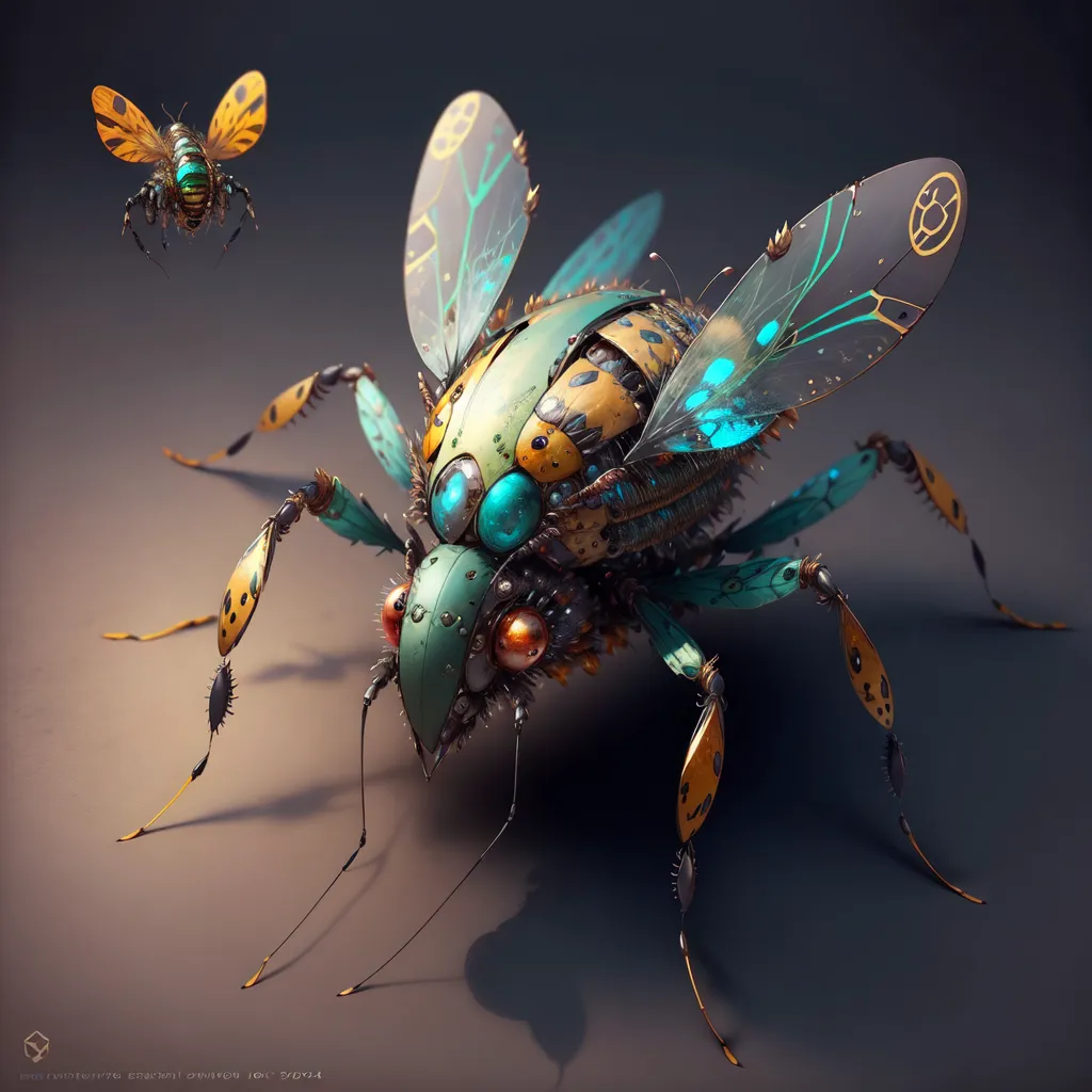 The image is a digital painting of a steampunk wasp. The wasp is depicted with a green and yellow body, and has blue wings with yellow and brown markings. It also has a pair of goggles on its head. The wasp is perched on a brown branch, and there is a smaller wasp flying in the background. The background is a dark brown color.