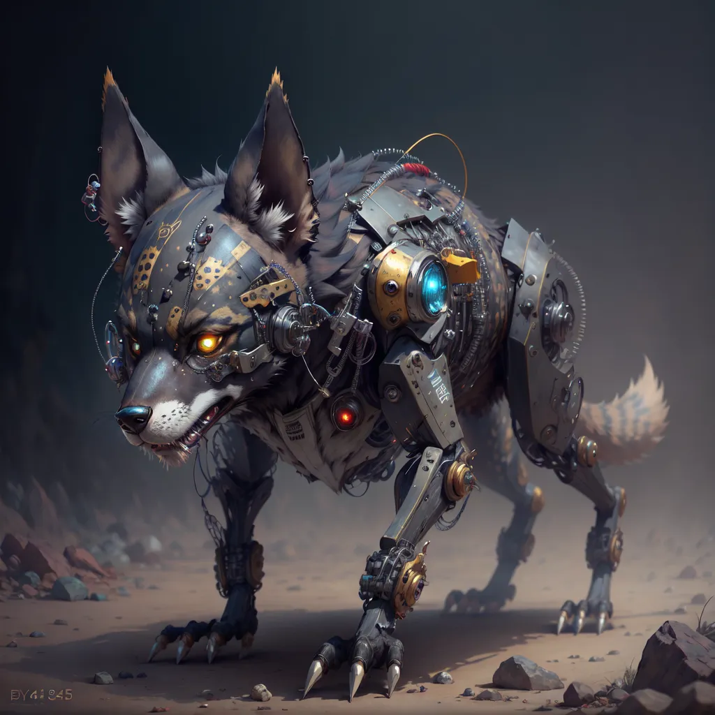 The image is a digital painting of a steampunk wolf. The wolf is mostly black with gray and brown patches of fur. It has glowing yellow eyes. The wolf is standing on all fours and is looking at the viewer with an angry expression. The background is a dark, rocky landscape. The wolf is in the foreground and is partially obscured by smoke. The wolf is also covered in mechanical parts such as wires, gears, and a metal plate on its back.