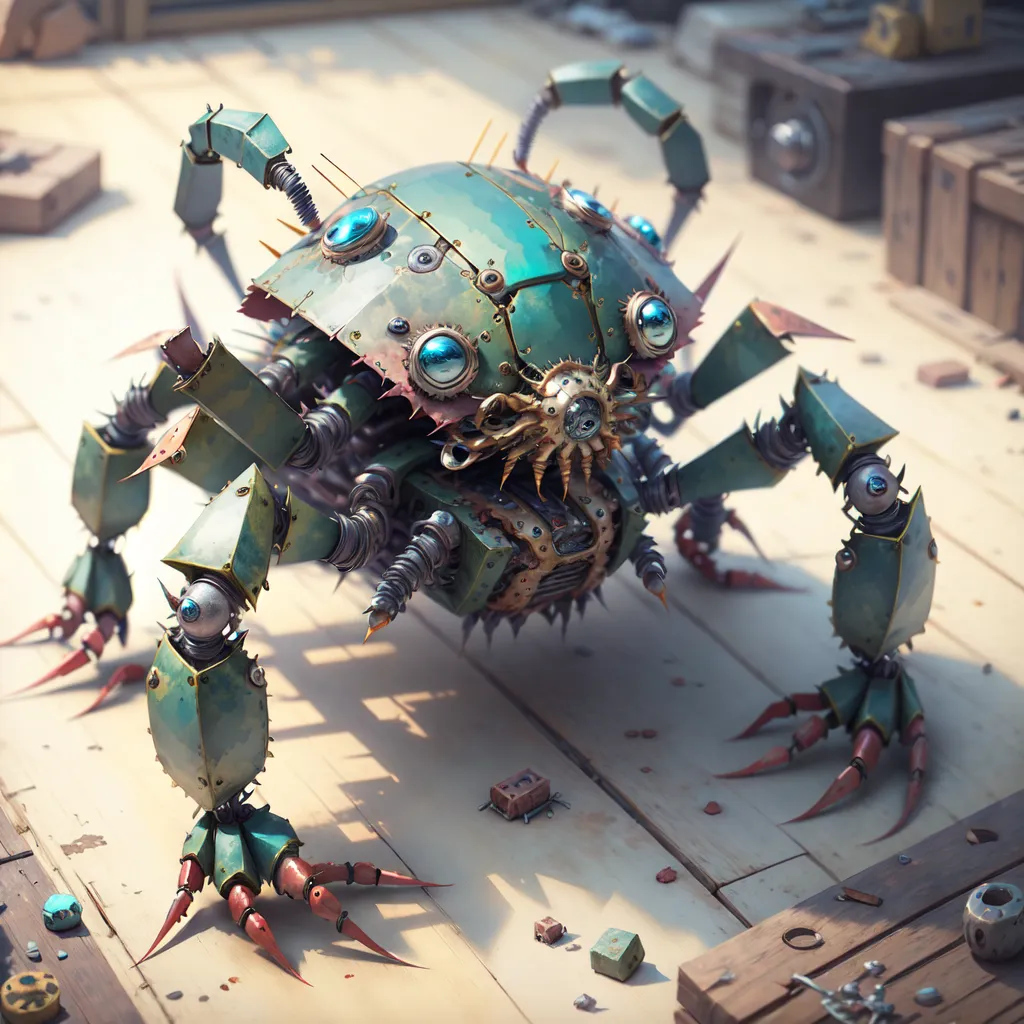 The image depicts a steampunk crab-like robot. It has a green and brown metal body with six legs and two large claws. The robot also has a large eye on its head and several smaller eyes on its body. It is standing on a wooden surface, surrounded by various tools and debris.