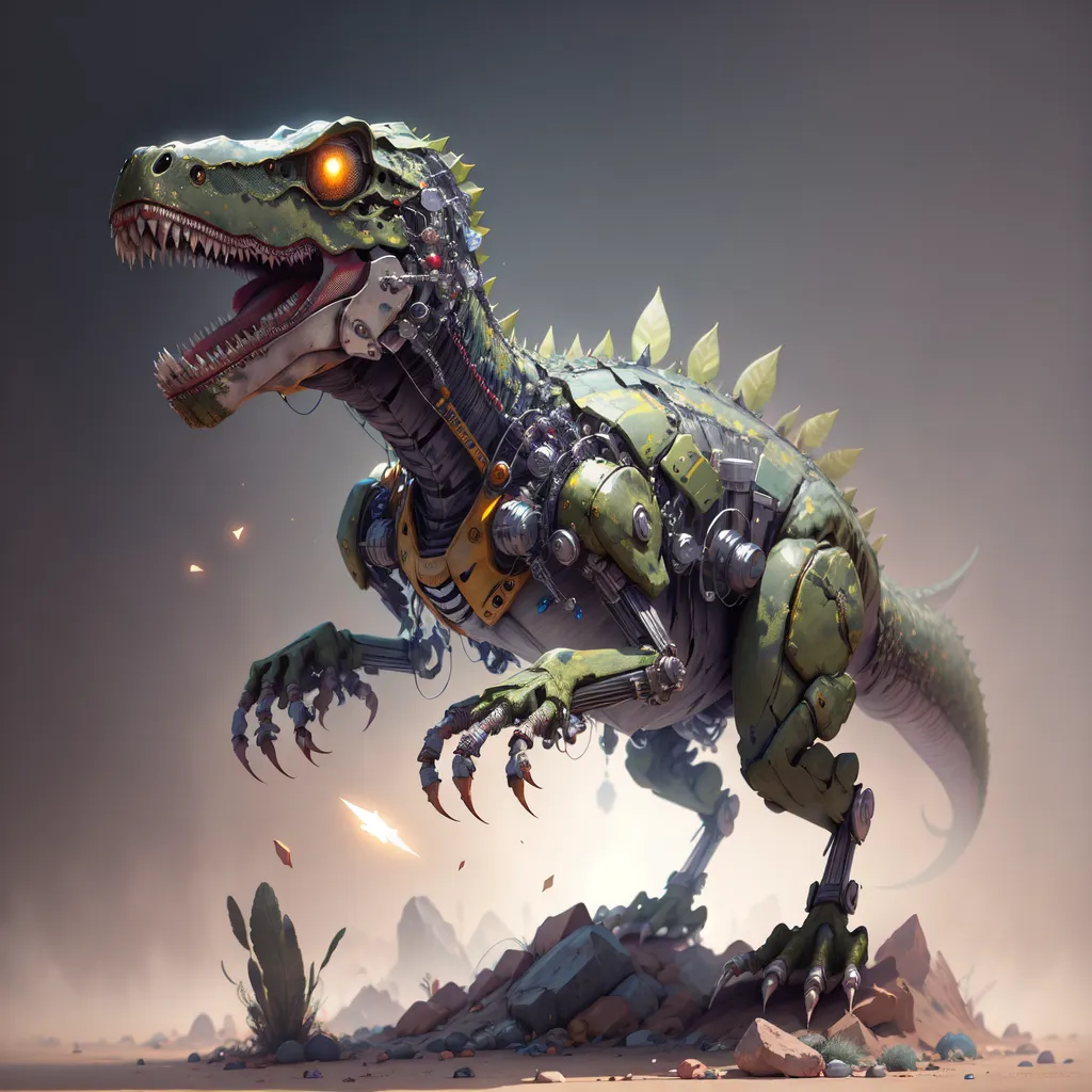 The image depicts a green robotic dinosaur standing on a rocky surface in the desert. The dinosaur has a long tail and sharp teeth. Its body is made of metal and has wires and other mechanical parts exposed. The dinosaur's eyes are glowing yellow, and it is standing in a menacing pose, suggesting that it is ready to attack. In the background, a mountain range can be seen.