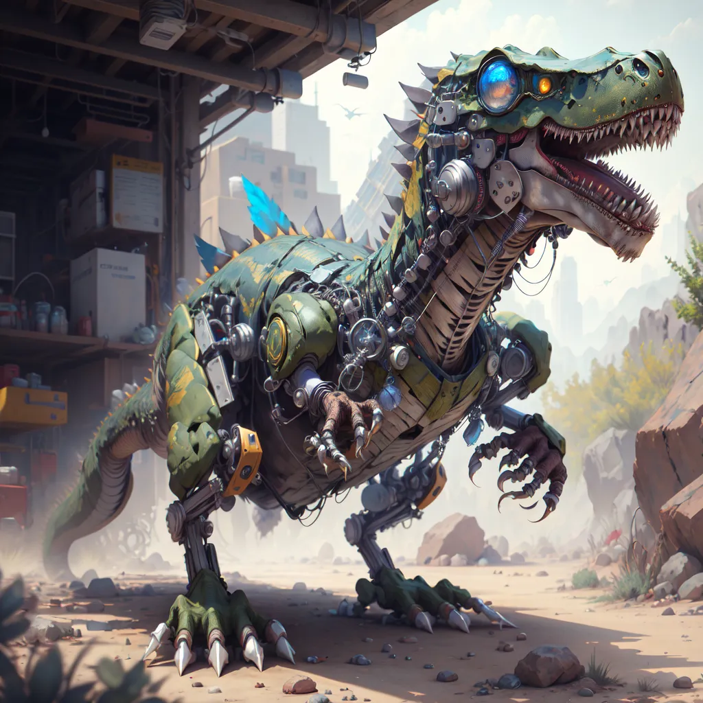 The image depicts a green and brown robotic dinosaur. It has glowing blue eyes and sharp teeth. The dinosaur is standing in a rocky desert area. There are some buildings and mountains in the background. The sky is blue.