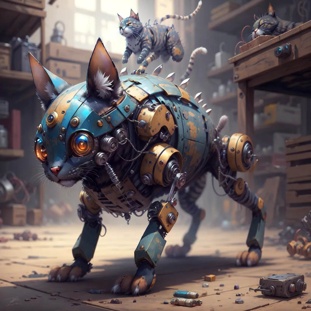 The image depicts a steampunk cat. It is a quadrupedal creature with a metallic body and cat-like features. The body is made of various metal plates and gears, and the cat has a pair of goggles over its eyes. It is standing in a workshop, and there are various tools and objects scattered around. There is another cat on its back.