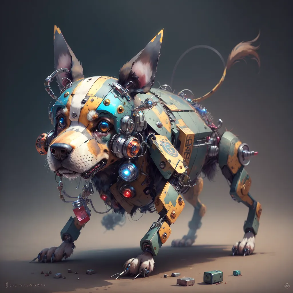 The image is a digital painting of a steampunk chihuahua. The dog is standing on all fours, with its head turned slightly to the viewer. It has a metallic body with a green and yellow paint job. Its face is mostly white with brown markings around its eyes. The dog is wearing a pair of goggles and has a number of wires and tubes attached to its body. It is standing in a junkyard, surrounded by scrap metal and debris.