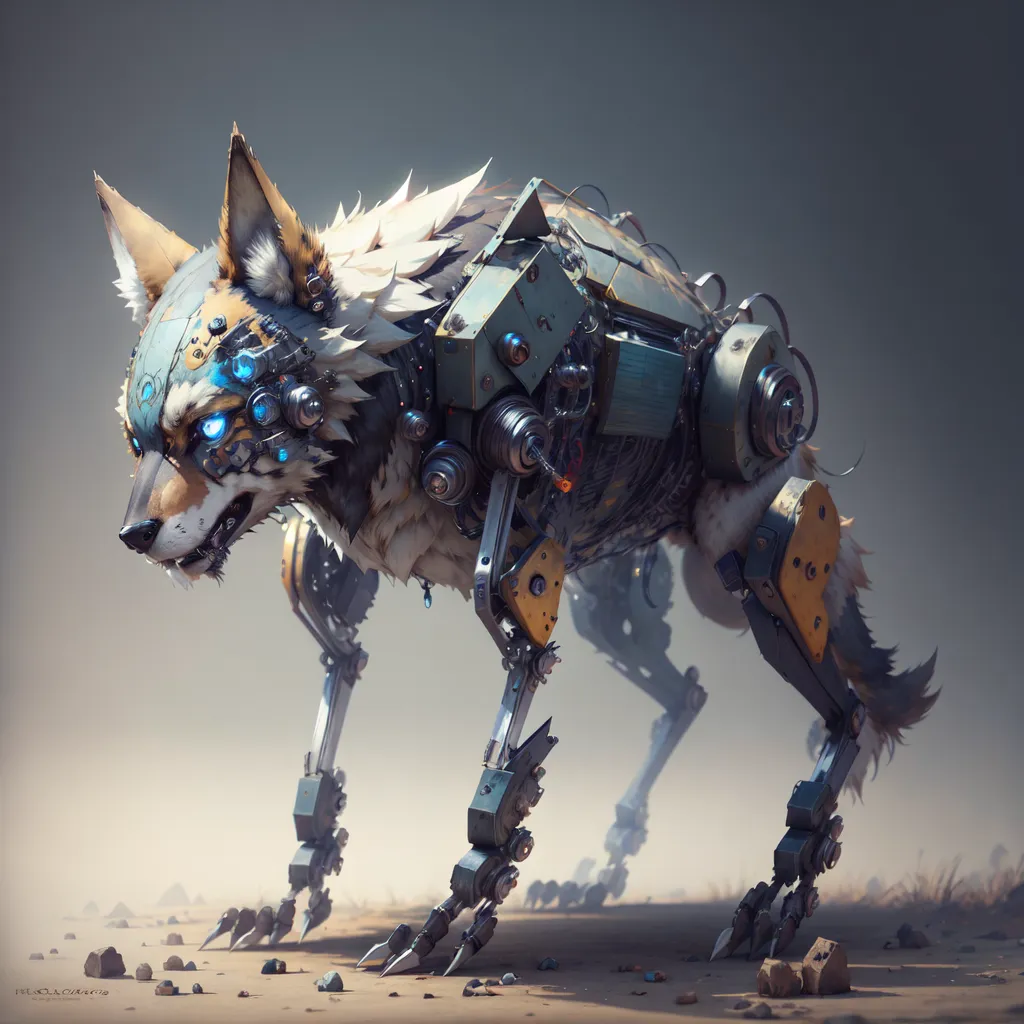 The image depicts a steampunk robotic wolf. It has a white and gray fur coat with blue glowing eyes. The robot is made of various mechanical parts. It is standing on all fours with its head turned slightly to the left. The background is a blurred gray.