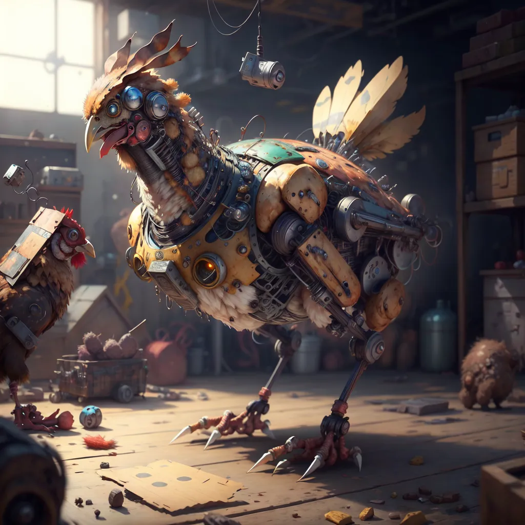 The image depicts a steampunk chicken. It is made of metal and has wires and other mechanical parts exposed. It is standing in a workshop and there are tools and other objects scattered around. There is another, smaller steampunk chicken in the background.