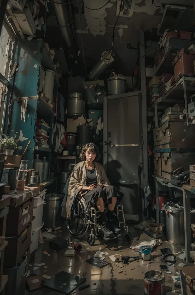 The image is a post-apocalyptic scene. A young woman in a wheelchair is sitting in a dark and dirty room. The room is filled with debris and there is a large hole in the wall. The woman is wearing a tattered dress and a scarf. Her hair is short and dark. She has a determined look on her face. The image is full of hopelessness.