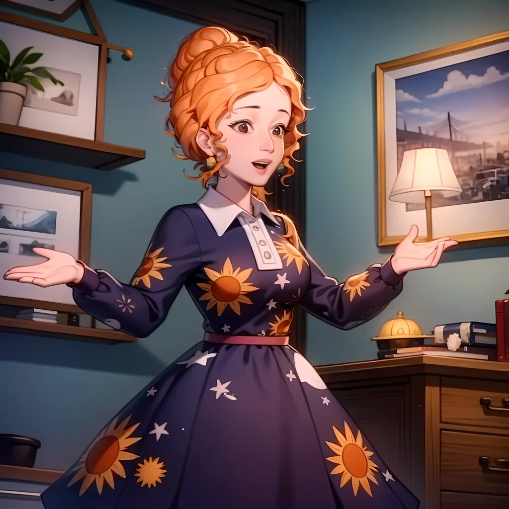 This is an image of a young woman, who appears to be a teacher, standing in a classroom. She has orange hair that is up in a bun, and she is wearing a blue dress with a white collar. The dress has a pattern of sunflowers and moons on it. She is smiling and has her arms outstretched. There are books and a lamp on a desk behind her. There are also some pictures on the walls.