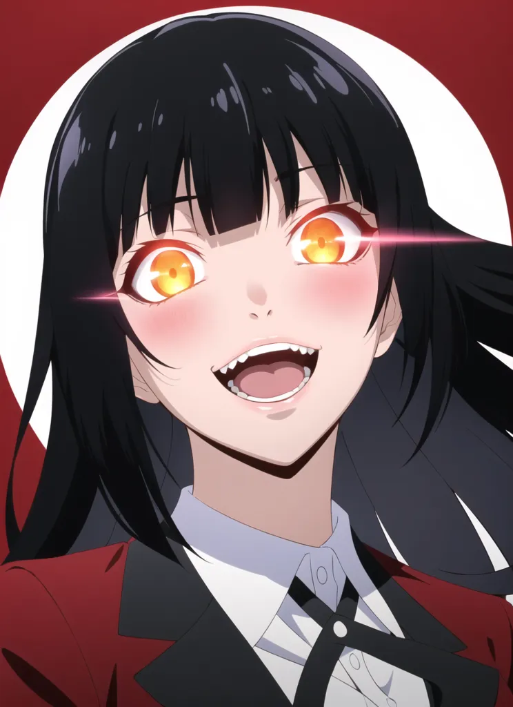 The image shows a young woman with long black hair, orange eyes, and a bright smile. She is wearing a white shirt with a black jacket. The background is red with a white circle in the middle. The woman's expression is one of excitement, and she appears to be ready to play a game.