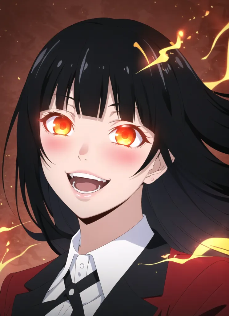 The image is of a young woman with long black hair and red eyes. She is wearing a white shirt and a red blazer. She has a confident smile on her face and is looking at the viewer. The background is a dark red color.