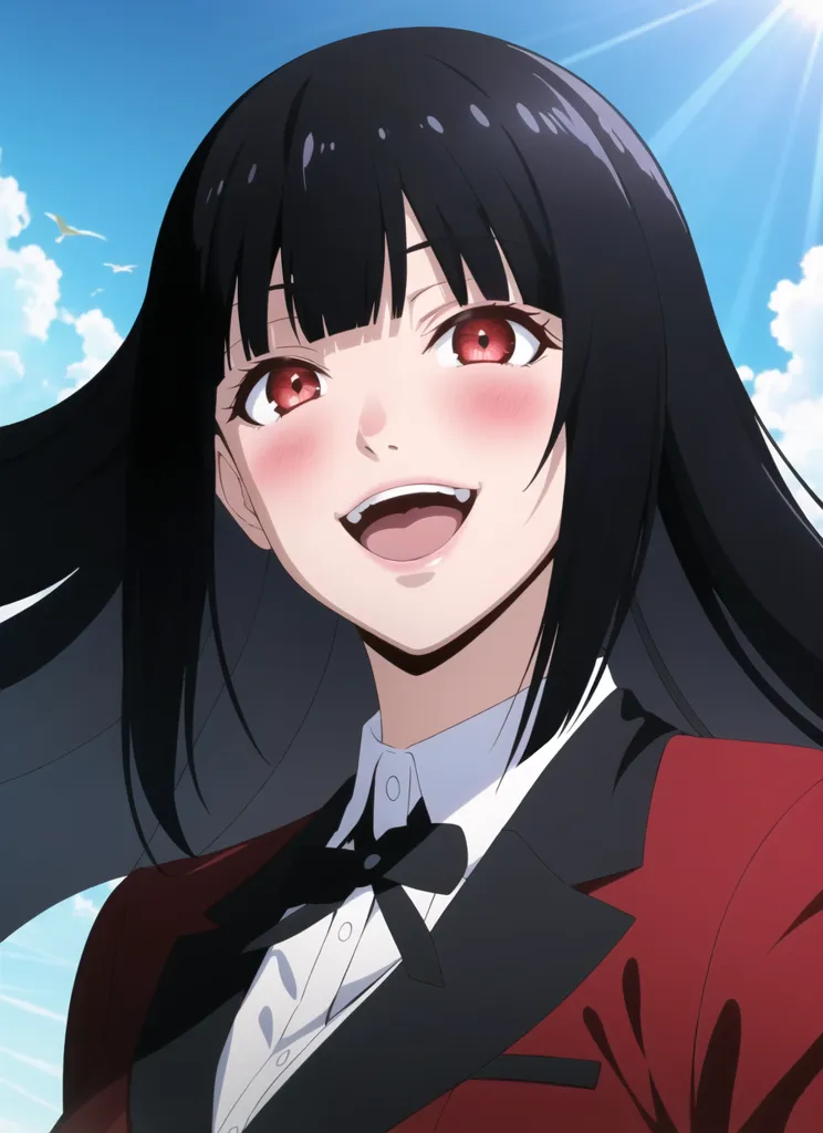 The image shows a young woman with long black hair and red eyes. She is wearing a white shirt, a black jacket, and a red tie. She has a friendly smile on her face and is looking at the viewer. The background is a blue sky with white clouds.