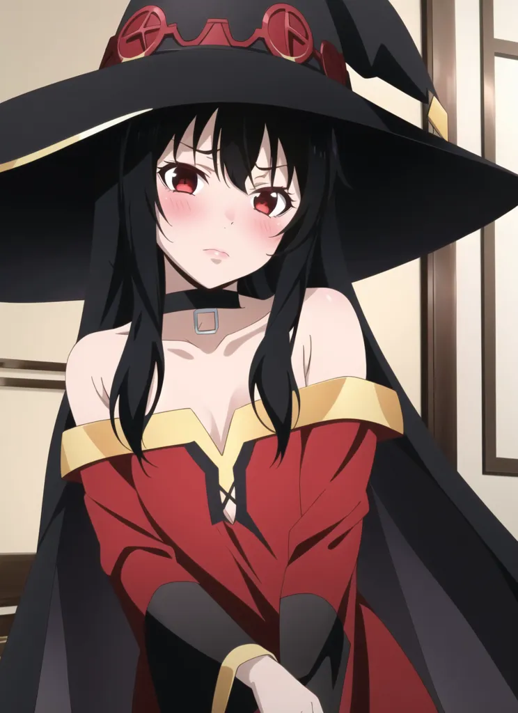 The image shows a young woman with long black hair and red eyes. She is wearing a red and black dress with a white collar. She is also wearing a black hat with a red band around it. She is sitting in a dark room with a white wall behind her. She is looking at the viewer with a shy expression on her face.