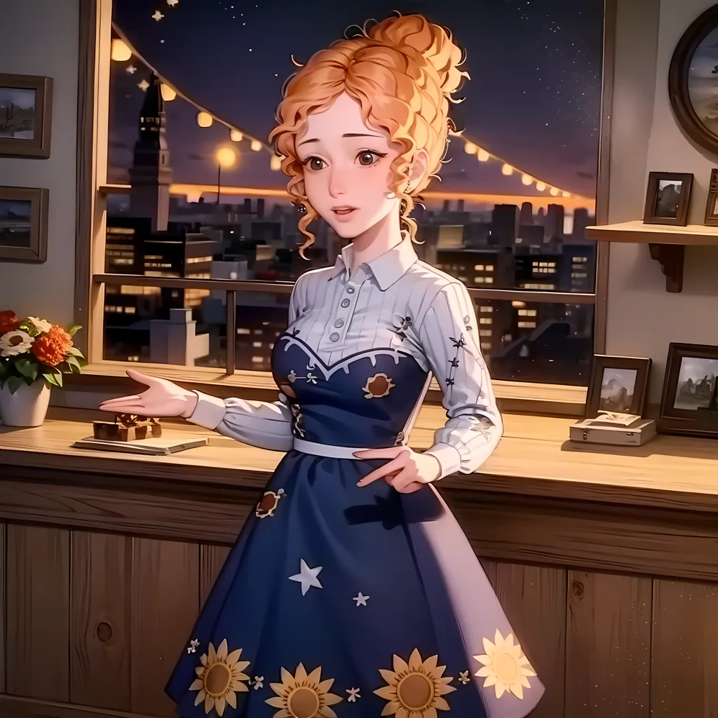 The image shows a young woman standing in a room, looking at the viewer with a smile on her face. She has long, curly red hair and green eyes, and is wearing a blue dress with a white collar. The dress has a pattern of sunflowers on it. There are some picture frames and a clock on the shelf behind her. There is a vase of flowers and a book on the table to her left. The background of the image is a window, showing a cityscape at night. There are some stars and lights in the sky.