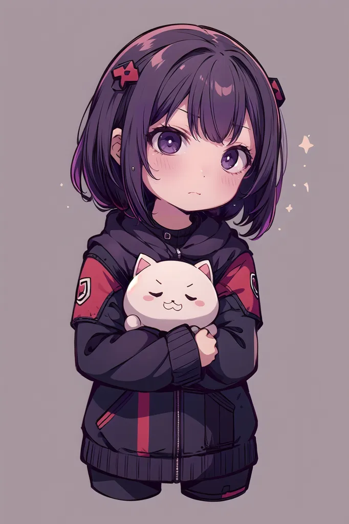 The image shows a young girl with purple hair and purple eyes. She is wearing a black hoodie with red stripes on the sleeves. The girl is holding a white cat plushie. The background is a light gray color.