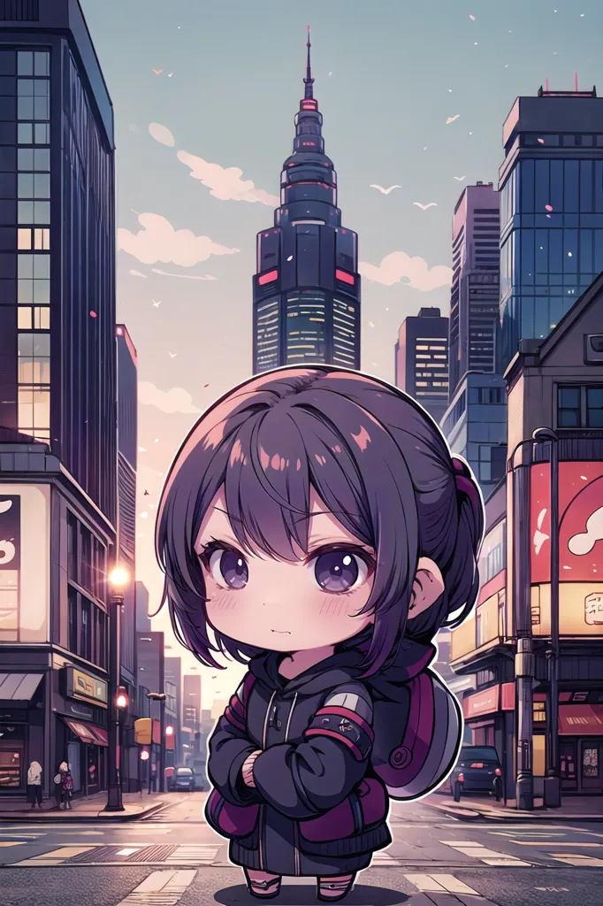 The image is a street scene in an Asian city. The street is lined with tall buildings and there is a large tower in the background. The sky is a gradient of pink, orange, and yellow. There is a young girl with purple hair and purple eyes in the foreground. She is wearing a black jacket and a gray skirt. She has a backpack on and is looking at the viewer with a slight smile on her face.