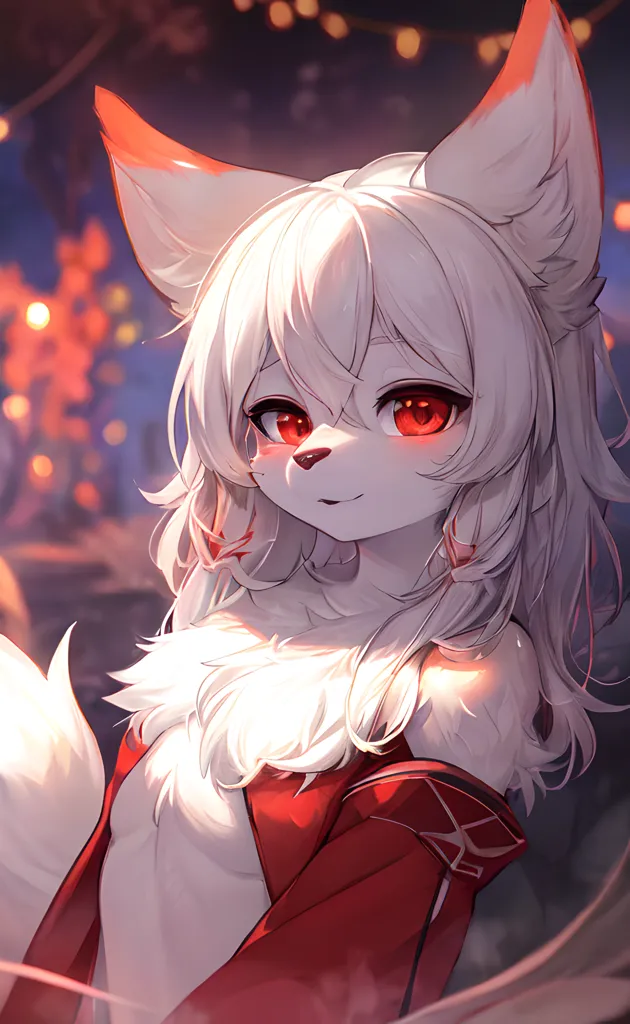 The image is of a white and red furry creature with fox ears and red eyes. It is wearing a red and white outfit and is looking at the viewer with a slight smile on its face. The background is a blur of red and orange lights.