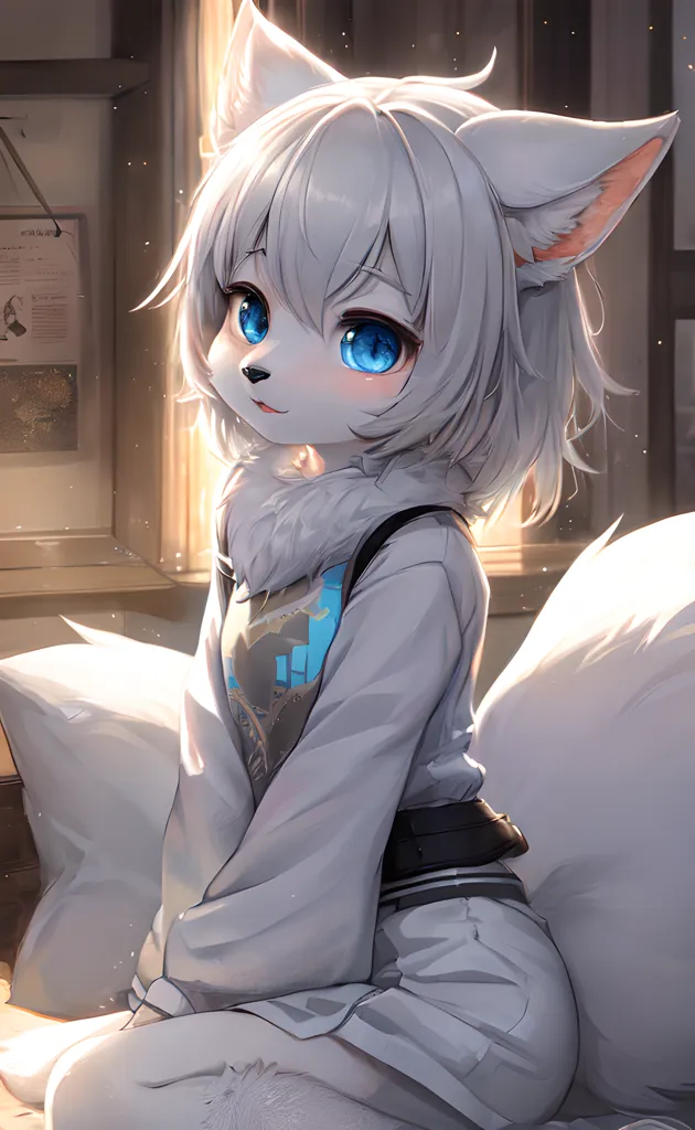 The image is of a young woman with white hair and blue eyes. She has fox ears and a tail. She is wearing a white shirt and black shorts. She is sitting on a bed with a white pillow behind her. There is a window to her left with a newspaper on the wall next to it.