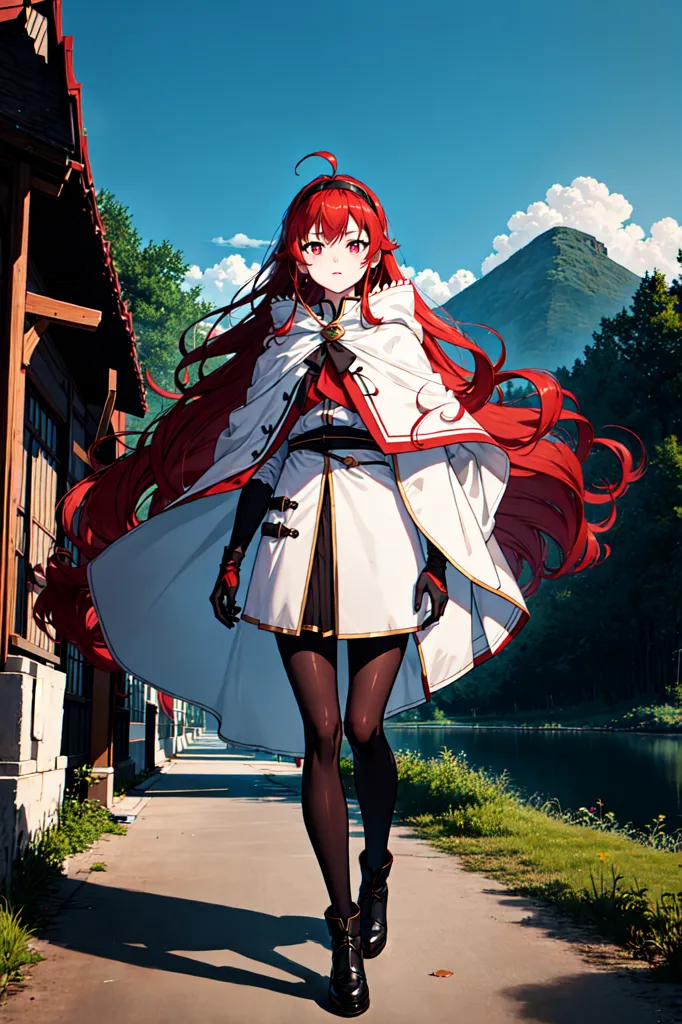 This is an image of a young woman with long red hair. She is wearing a white and red outfit with a long red cape and black boots. She is walking down a path in a village with traditional Japanese style houses. There are trees and mountains in the background. The sky is blue and there are some clouds.