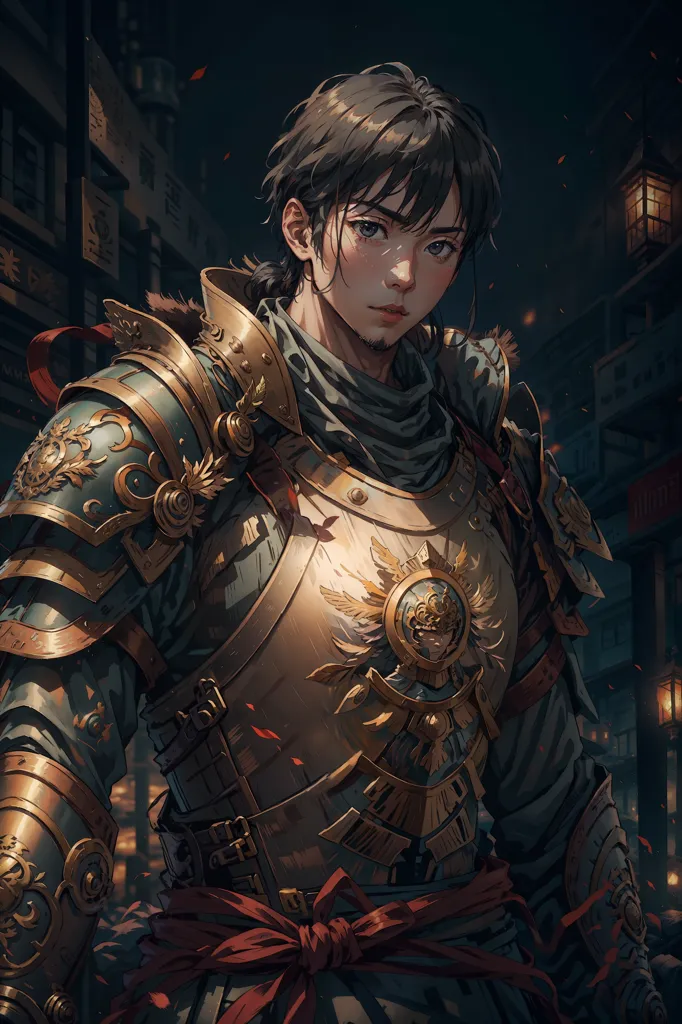 The image is of a young man in a suit of armor. He has short brown hair and green eyes. He is wearing a red scarf around his neck and a golden breastplate with a sun symbol on it. He is also wearing brown leather boots and gloves. He is standing in a dark alleyway, with a building to his left and a lantern to his right. The light from the lantern is casting shadows on his face. He looks like he is about to engage in a fight.