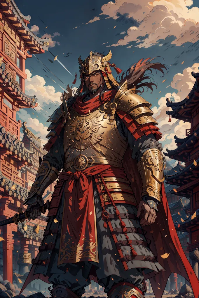 The image shows a samurai warrior standing in a traditional Japanese courtyard with a castle in the background. The samurai is wearing a red and gold armor and a red cape and is holding a sword. He has a determined expression on his face and looks like he is ready for battle. The courtyard is decorated with red and white flags and there are trees and plants in the background. The sky is blue and there are some clouds in the distance. The overall atmosphere of the image is one of strength and power.