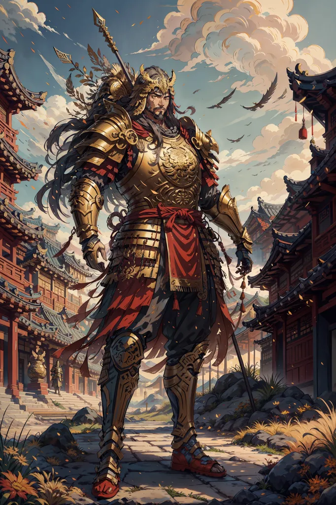 A imagem é de um guerreiro chinês em pé em um pátio tradicional chinês. Ele está vestindo uma armadura dourada e uma capa vermelha, e está segurando uma lança na mão direita. Seu cabelo preto e longo está esvoaçando ao vento, e ele tem uma expressão determinada no rosto. O pátio é cercado por paredes vermelhas e telhados de telhas cinzas, e há árvores e plantas ao fundo. O céu está azul e nublado, e há pássaros voando ao longe.