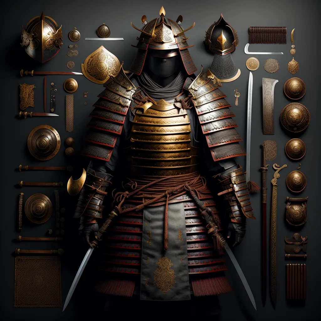 The image shows a suit of samurai armor with two swords. The armor is made of metal plates and has a red and gold design. The helmet has a face mask and a neck guard. The chest plate has a large design in the center. The shoulder pads are large and have a curved design. The arm guards have a segmented design. The leg guards have a shin guard and a knee guard. The feet guards have a toe guard and a heel guard.

The swords have a long, curved blade. The hilts are made of wood and have a tsuba (hand guard). The scabbards are made of wood and have a metal fitting.

The armor is surrounded by a variety of other samurai equipment, including a helmet, a chest plate, shoulder pads, arm guards, leg guards, feet guards, a sword, and a scabbard.