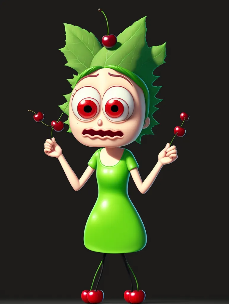 Cette image montre un personnage de dessin animé en 3D qui semble être une femme. Elle a la peau verte, de grands yeux rouges et une expression choquée sur le visage. Elle porte une robe verte et a des feuilles et des cerises sur la tête. Elle tient également des cerises dans ses mains. L'arrière-plan est de couleur sombre.