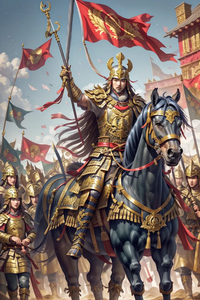 The image shows a group of ancient Chinese warriors on horseback. They are wearing golden armor and red capes, and they are carrying red flags and spears. The warriors are led by a man in golden armor, who is riding a black horse and carrying a large flag. The background of the image is a Chinese-style building and blue sky.