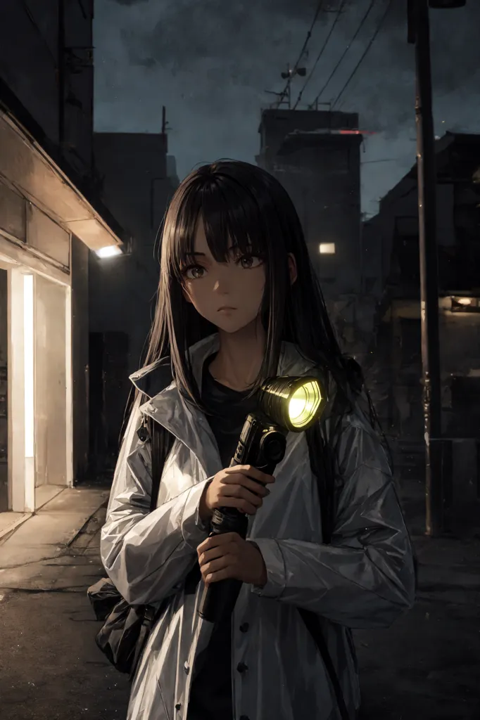 The image is a portrait of a young woman standing in a dark alleyway. She is wearing a white raincoat and a black T-shirt. She has long black hair and brown eyes. She is holding a flashlight. The light from the flashlight is illuminating her face. The background of the image is a dark alleyway. There are buildings on either side of the alleyway. The buildings are old and dilapidated. The alleyway is littered with trash. There is a faint light coming from the streetlights. The image is full of mystery and suspense. It is unclear what the woman is doing in the alleyway. She looks like she is searching for something. The flashlight is a symbol of hope. It is a light in the darkness. The image is a reminder that even in the darkest of times, there is always hope.