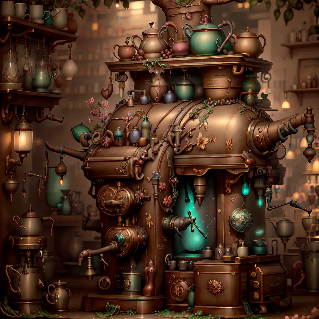 The image is a steampunk-themed coffee machine. It is made of copper and brass and has a large number of gears, pipes, and valves. The machine is also decorated with flowers and leaves.