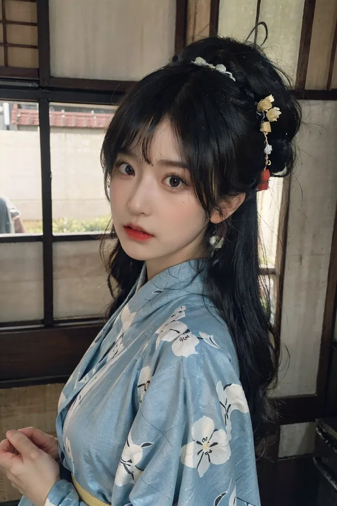 The image shows a young woman with long black hair and bangs. She is wearing a blue kimono with white floral patterns and a yellow obi sash. Her hair is styled in a bun with a few loose strands framing her face. She has a gentle smile on her face and is looking at the camera. The background is a traditional Japanese house with wooden lattice shoji (l