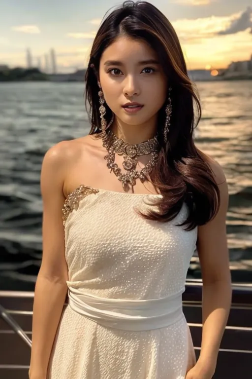 A imagem mostra uma jovem mulher em pé em um barco. Ela está usando um vestido branco sem alças com um decote em forma de coração. O vestido é enfeitado com contas prateadas e douradas e tem um corpete ajustado. A saia é ampla e flui até o chão. O cabelo da mulher é longo e escuro, e ela está usando uma faixa branca na cabeça. Ela também está usando um colar e brincos. A mulher está em pé em frente a um fundo desfocado de água e céu.