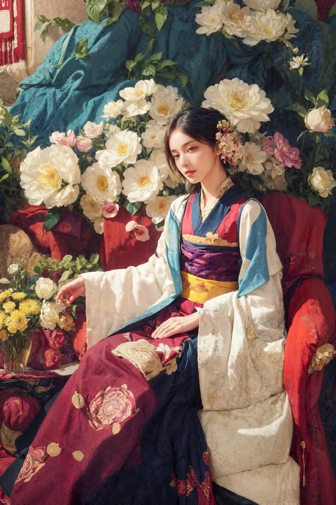 A woman is sitting on a red chair in a garden. She is wearing a traditional Chinese dress and has flowers in her hair. There are flowers all around her and a vase of flowers on the ground next to her. The background is a wall with a blue curtain. The woman is looking at the flowers in the vase. She is wearing a white and red dress with a purple sash and has a white scarf wrapped around her shoulders. Her hair is long and black and she is wearing a white flower in her hair. The flowers in the vase are white and pink. The background is a wall with a blue curtain.