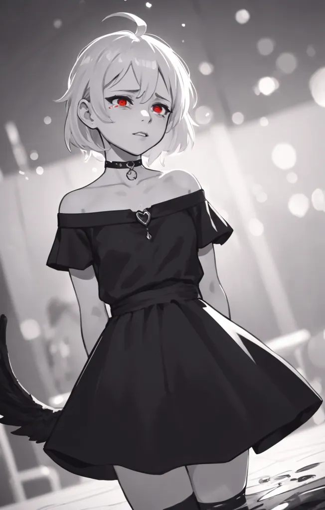 The image is a black and white picture of an anime girl with short white hair and red eyes. She is wearing a black off-the-shoulder dress with a heart-shaped locket necklace. She is standing in a dark room with a spotlight shining on her. There is a black cat sitting on her shoulder. The girl has a sad expression on her face.