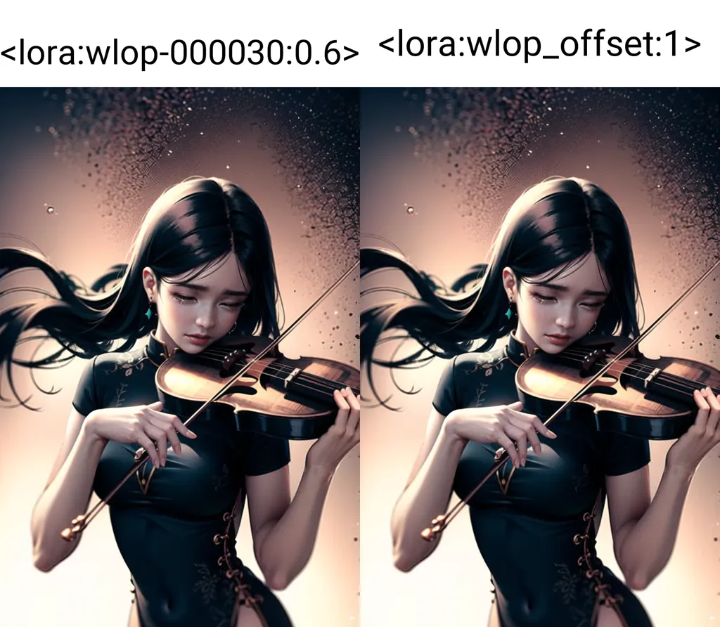 L'image montre une comparaison entre deux images d'une femme jouant du violon. La première image est étiquetée "<lora:wlop-00030:0.6>" et la deuxième image est étiquetée "<lora:wlop_offset:1>". La première image est légèrement plus réaliste, tandis que la deuxième image a un aspect plus pictural. La femme dans les deux images porte un cheongsam noir avec un col haut et a de longs cheveux noirs. Elle joue du violon et a une expression triste sur le visage. L'arrière-plan dans les deux images est une nuit sombre et étoilée.