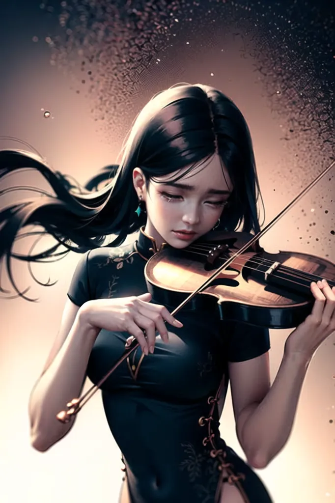 The picture shows a beautiful girl playing the violin. She has long black hair, fair skin, and blue eyes. She is wearing a black cheongsam with a high collar and a long slit on one side. She is standing in front of a white background, and there are some small, glowing particles floating around her.