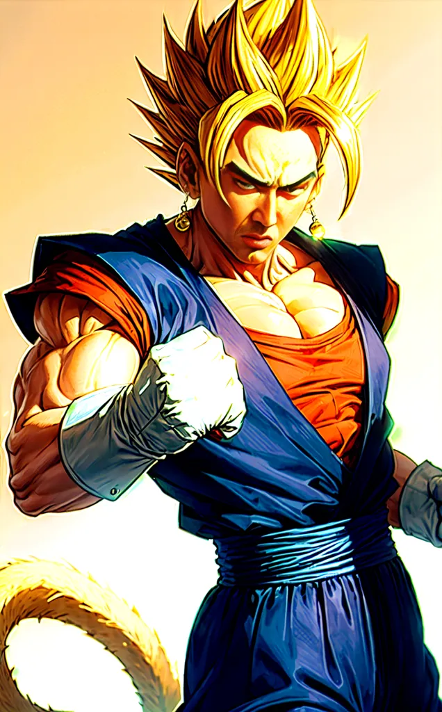 The image is of a muscular man with long blond hair and blue eyes. He is wearing a blue and orange outfit and has a determined expression on his face. He is standing in a fighting stance, with his fists clenched and his feet shoulder-width apart. His hair is spiky and his eyes are narrowed, and he has a confident smirk on his face. He is surrounded by a golden aura, and his muscles are flexed. The background is a bright yellow, and there is a white glow around the man.